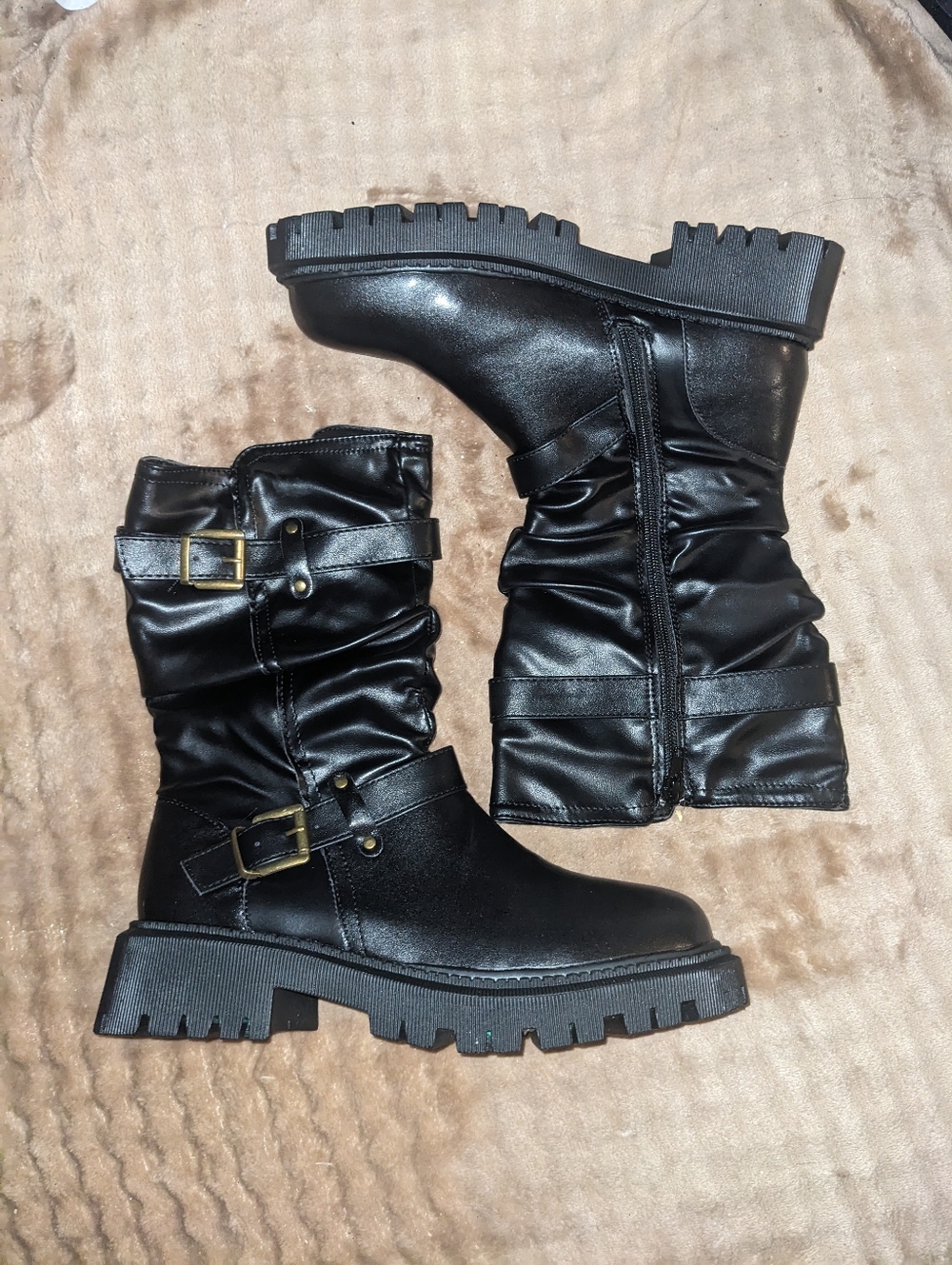 Black Faux Leather Moto Buckle Mid-Calf Boots - Women's